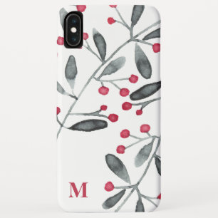 Red & Green Watercolor Holly Branches Monogram iPhone XS Max Case