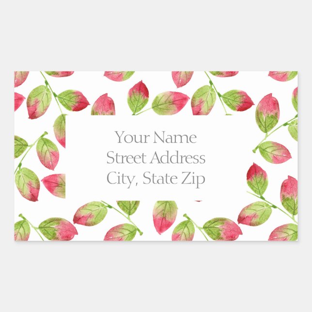 Red & Green Watercolor Leaves Pattern 2 Labels (Front)