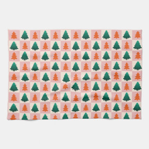 Red Green watercolor Merry Christmas tree pattern Kitchen Towel