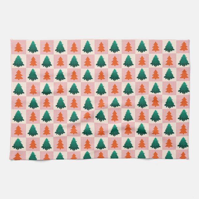 Red Green watercolor Merry Christmas tree pattern Kitchen Towel (Horizontal)