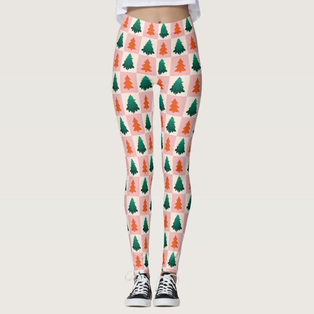 Red Green watercolor Merry Christmas tree pattern Leggings (Front)