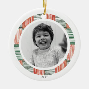 Red Green Watercolor Stripes Pattern One Photo Ceramic Ornament