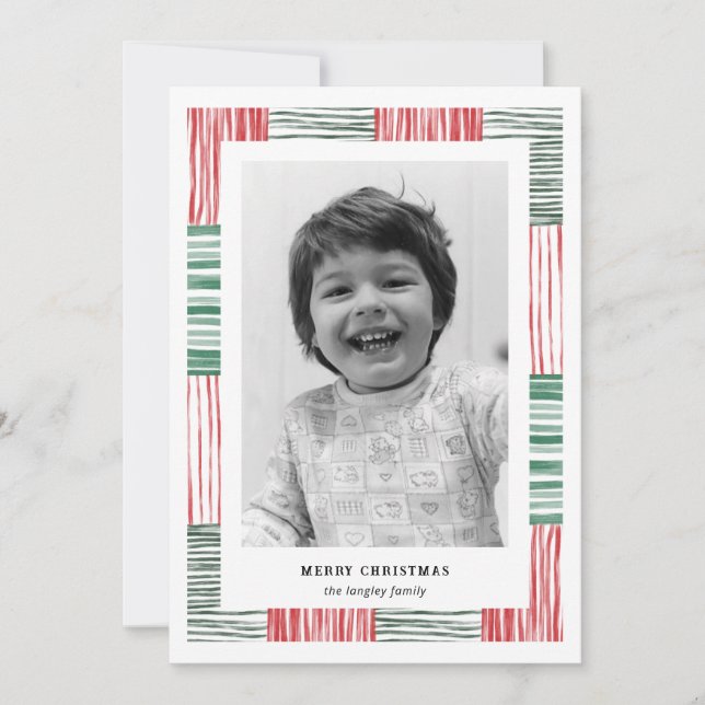 Red Green Watercolor Stripes Pattern One Photo Holiday Card (Front)
