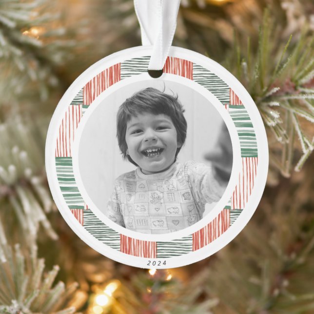 Red Green Watercolor Stripes Pattern One Photo Ornament (Tree)