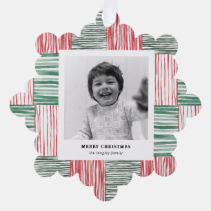 Red Green Watercolor Stripes Pattern One Photo Ornament Card