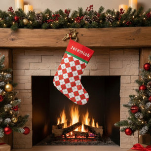 Red Green White Argyle Monogrammed Small Christmas Stocking