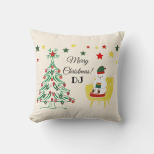 Red Green White Bear Tree Monogram Merry Christmas Throw Pillow