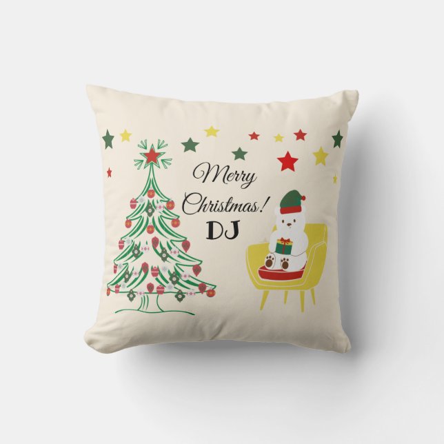 Red Green White Bear Tree Monogram Merry Christmas Throw Pillow (Front)