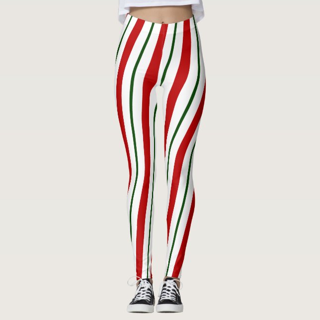 Red Green & White Candy Cane Stripes Christmas Leggings (Front)