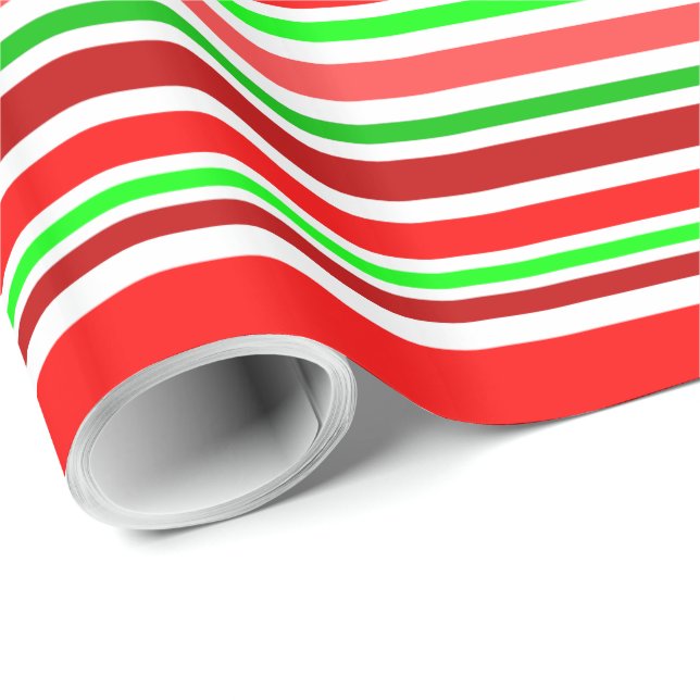 Red Green White Christmas Candy Cane Style Stripes Wrapping Paper (Roll Corner)