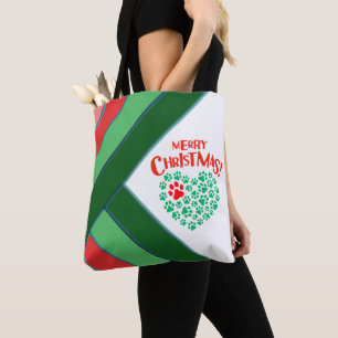Red, Green & White Christmas Heart Dog Paw Tote Bag