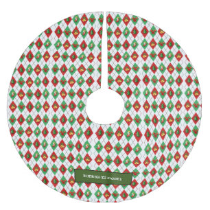 Red green white christmas pattern monogram name brushed polyester tree skirt