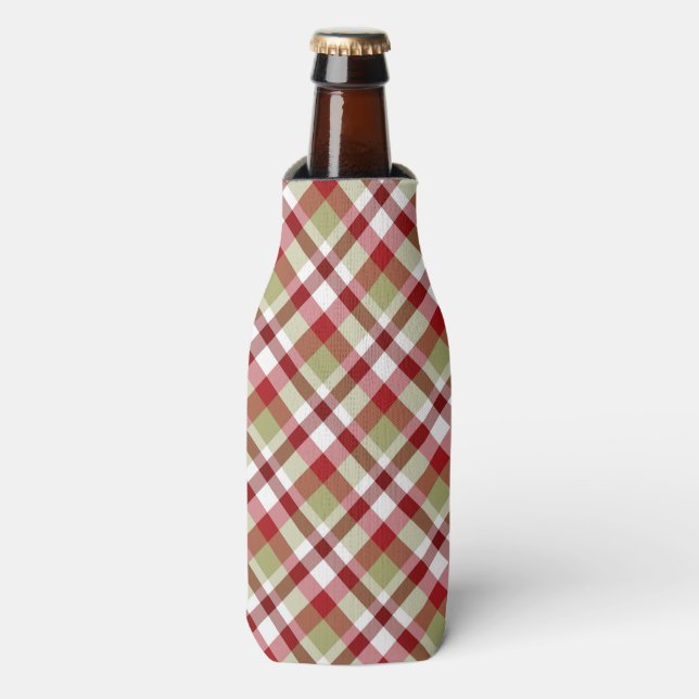 RED GREEN WHITE CHRISTMAS PLAID PATTERN BOTTLE COOLER (Bottle Front)