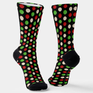 Red Green White Dots on Black Socks