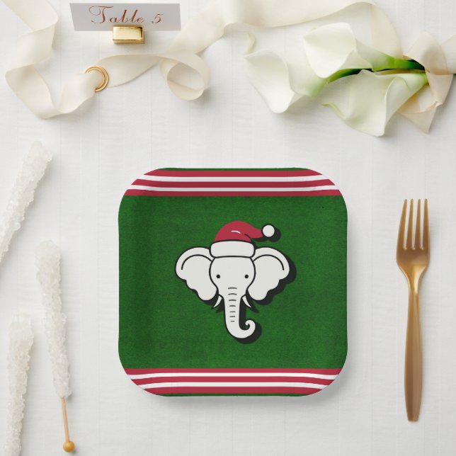 Red & Green White Elephant Gift Christmas Party Paper Plate (Wedding)