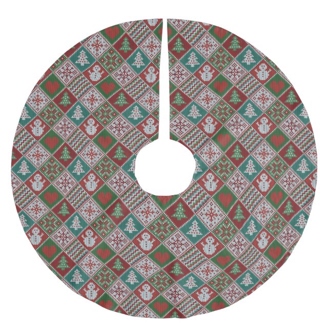 Red Green White Faux Knit Christmas Pattern  Brushed Polyester Tree Skirt (Front)