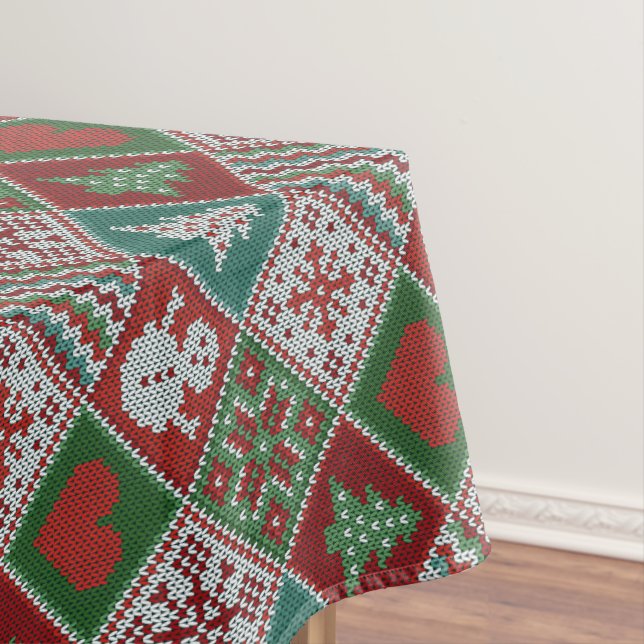 Red Green White Faux Knit Christmas Pattern Tablecloth (In Situ)