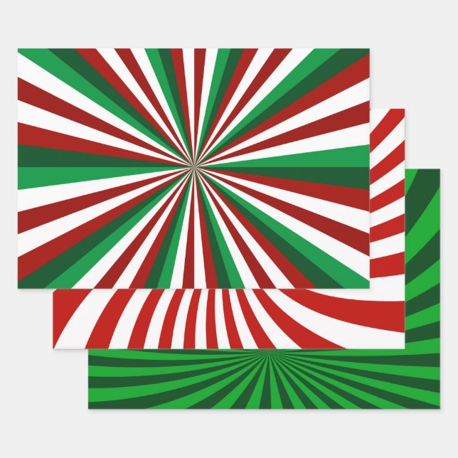 RED GREEN WHITE HOLIDAY CHRISTMAS PINWHEEL PATTERN WRAPPING PAPER SHEET (Set)