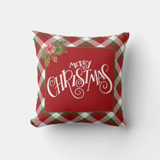 Red Green White Holiday Plaid - Merry Christmas  Throw Pillow (Front)