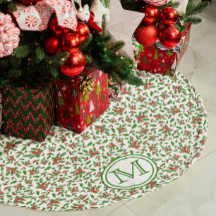 Red Green White Holly Berry Personalized Monogram Brushed Polyester Tree Skirt