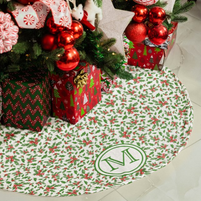 Red Green White Holly Berry Personalized Monogram Brushed Polyester Tree Skirt (Creator Uploaded)