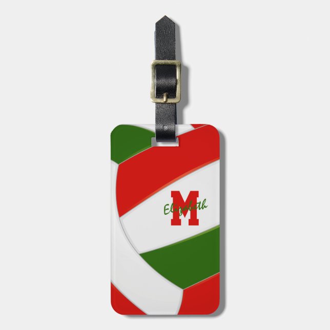 red green white monogrammed volleyball luggage tag (Front Vertical)