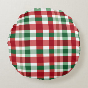 Red Green White Plaid Cheerful Rustic Homestyle Round Pillow