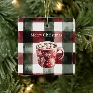 Red Green White Plaid Snowflakes Cocoa Christmas Ceramic Ornament