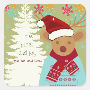 Red Green White Reindeer Cute Vintage Christmas Square Sticker