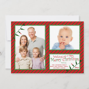 Red, Green, White Stripes, Lights Christmas Card