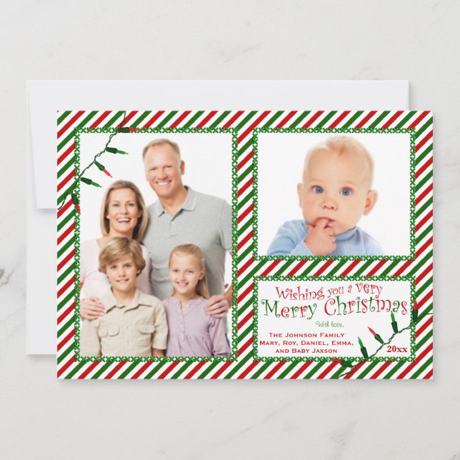 Red, Green, White Stripes, Lights Christmas Card (Front)