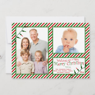 Red, Green, White Stripes, Lights Christmas Card