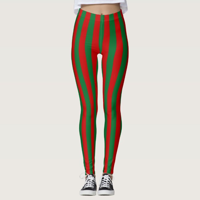 Red Green Wide Vertical Stripe Holiday Leggings (Front)