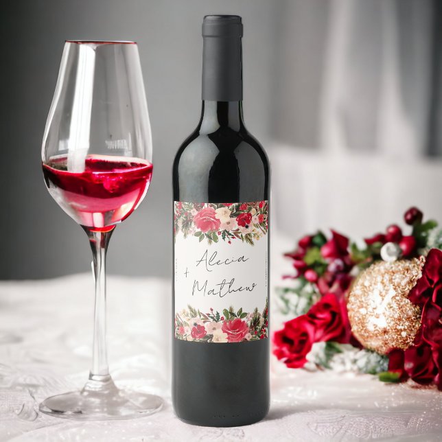 Red green winter Floral wedding  Wine Label (Red green winter Floral wedding Wine Label)