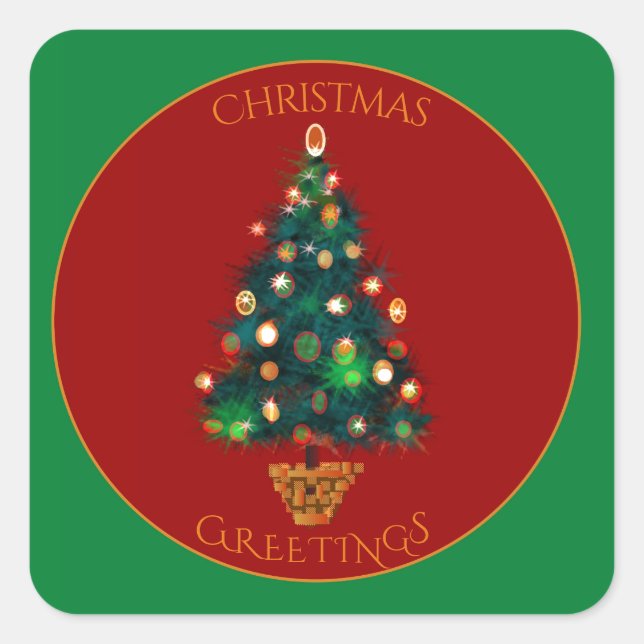 Red green with Colourful Christmas Tree Square Sticker (Front)