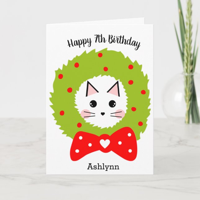 Red Green Wreath Bow Cat Christmas Birthday Card (Front)