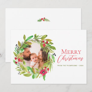 Red Green Wreath Merry Christmas Family Photo Holiday Card