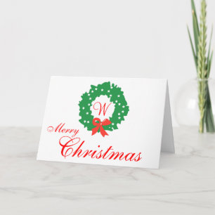 Red Green Wreath Monogram Merry Christmas Cards