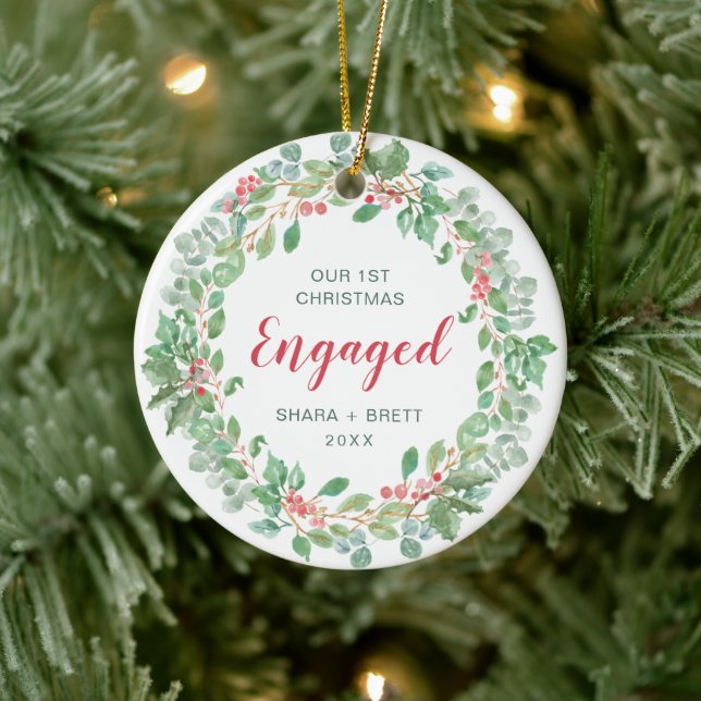 Red Green Wreath Our First Christmas Engaged Ceramic Ornament (Tree)
