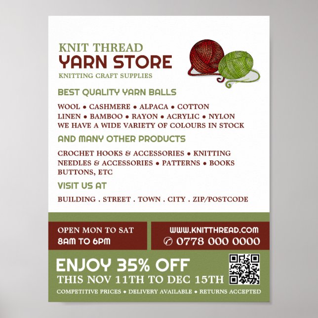 Red & Green Yarn, Knitting Store, Yarn Store Poster (Front)
