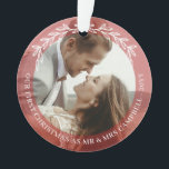 Red Greenery 1st Christmas Mr Mrs Wedding Photo Ornament<br><div class="desc">Romantic round Christmas ornament for newly-weds personalized with wedding one photo on either side with a transparent red border decorated with a simply drawn half wreath of greenery and your personalized text. Romantic first Christmas as Mr & Mrs ornament personalized with your wedding photos,  names,  and the year.</div>