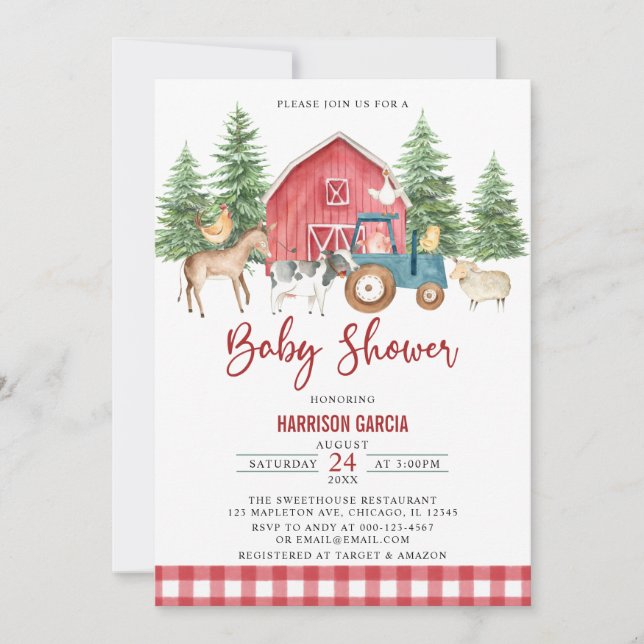 Red Greenery Barnyard Farm Animals Baby Shower Invitation (Front)