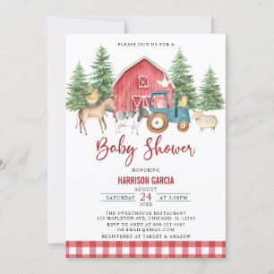 Red Greenery Barnyard Farm Animals Baby Shower Invitation