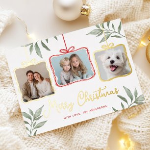 Red & Greenery Photo Gold Foil Holiday Card