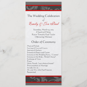 Red Grey 9x4 Damask Swirl Wedding Program