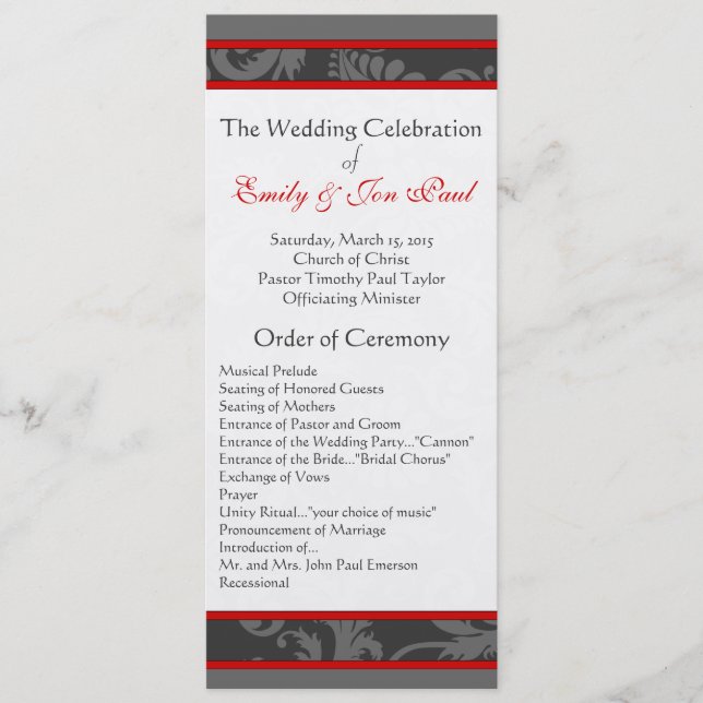 Red Grey 9x4 Damask Swirl Wedding  Program (Front)