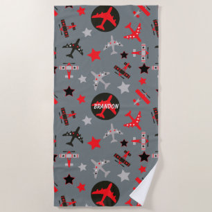 Red Grey Airplanes Pattern Personalized Beach Towel