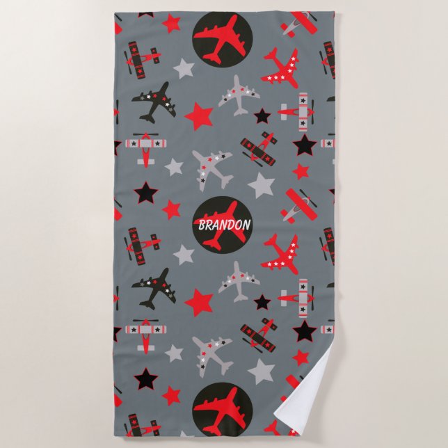 Red Grey Airplanes Pattern Personalized Beach Towel (Front)