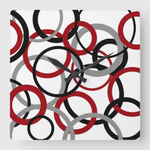 Red, Grey and Black Circles Square Wall Clock