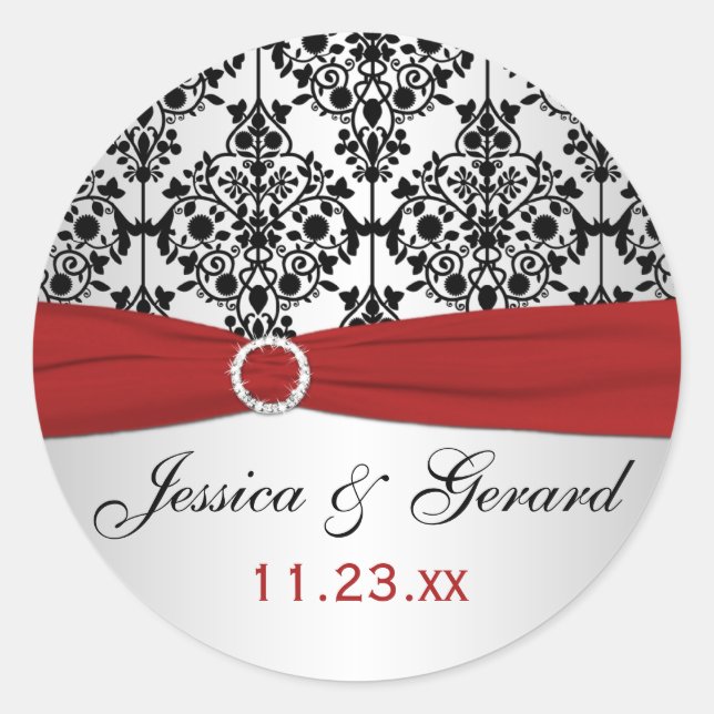 Red, Grey, and Black Damask Wedding Favour Sticker (Front)